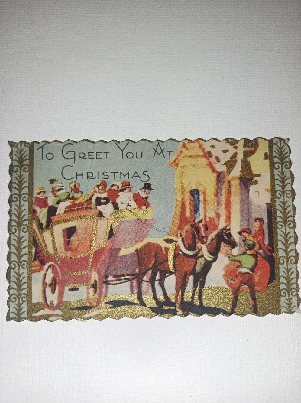 Vintage 1932 Christmas postcard With Frame postcard a horse Drawn Carraige